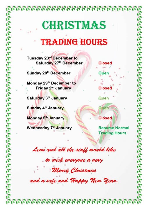 Christmas and New Year opening hours